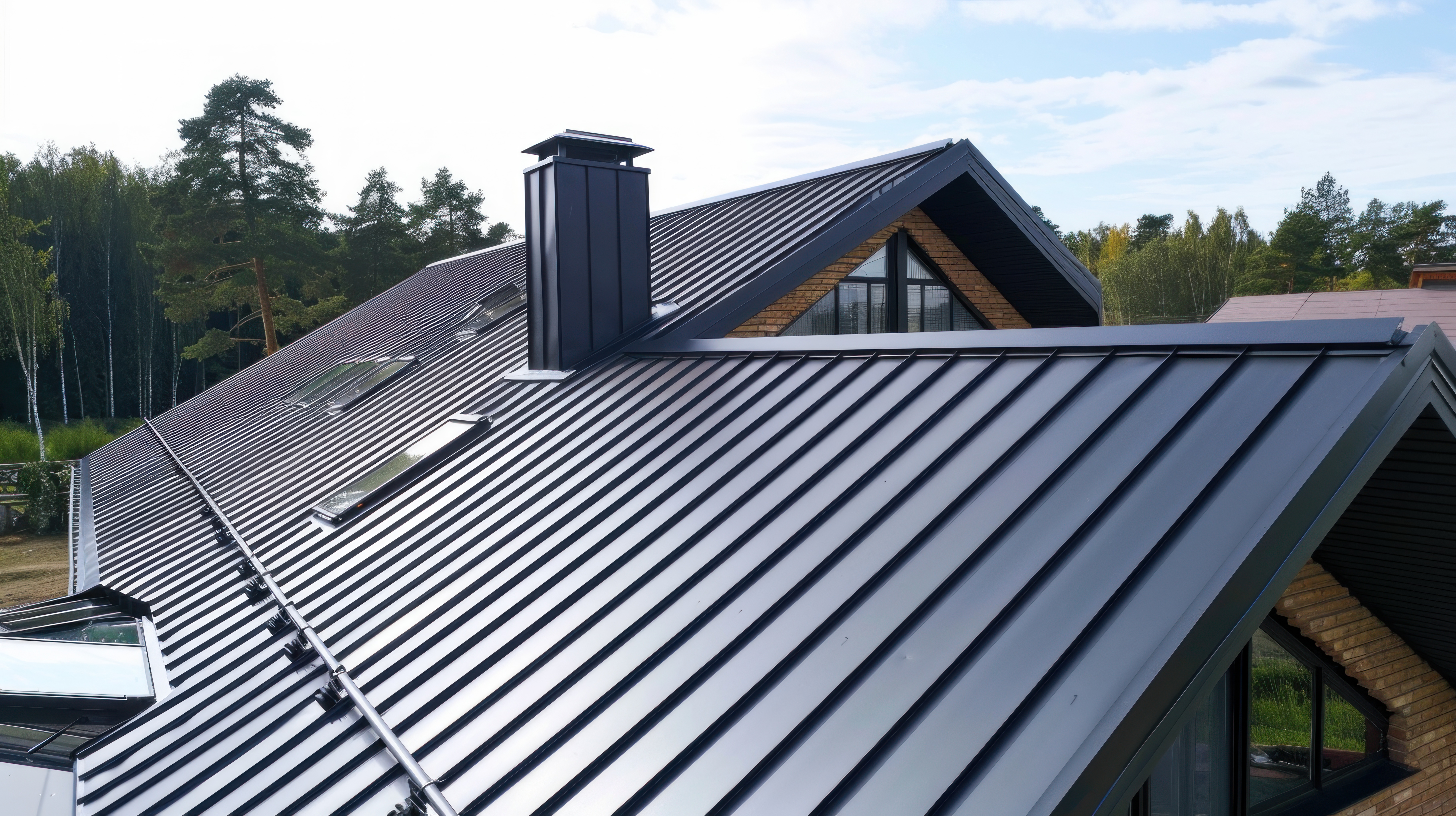 Roofer installing metal roofing sheets on a residential house