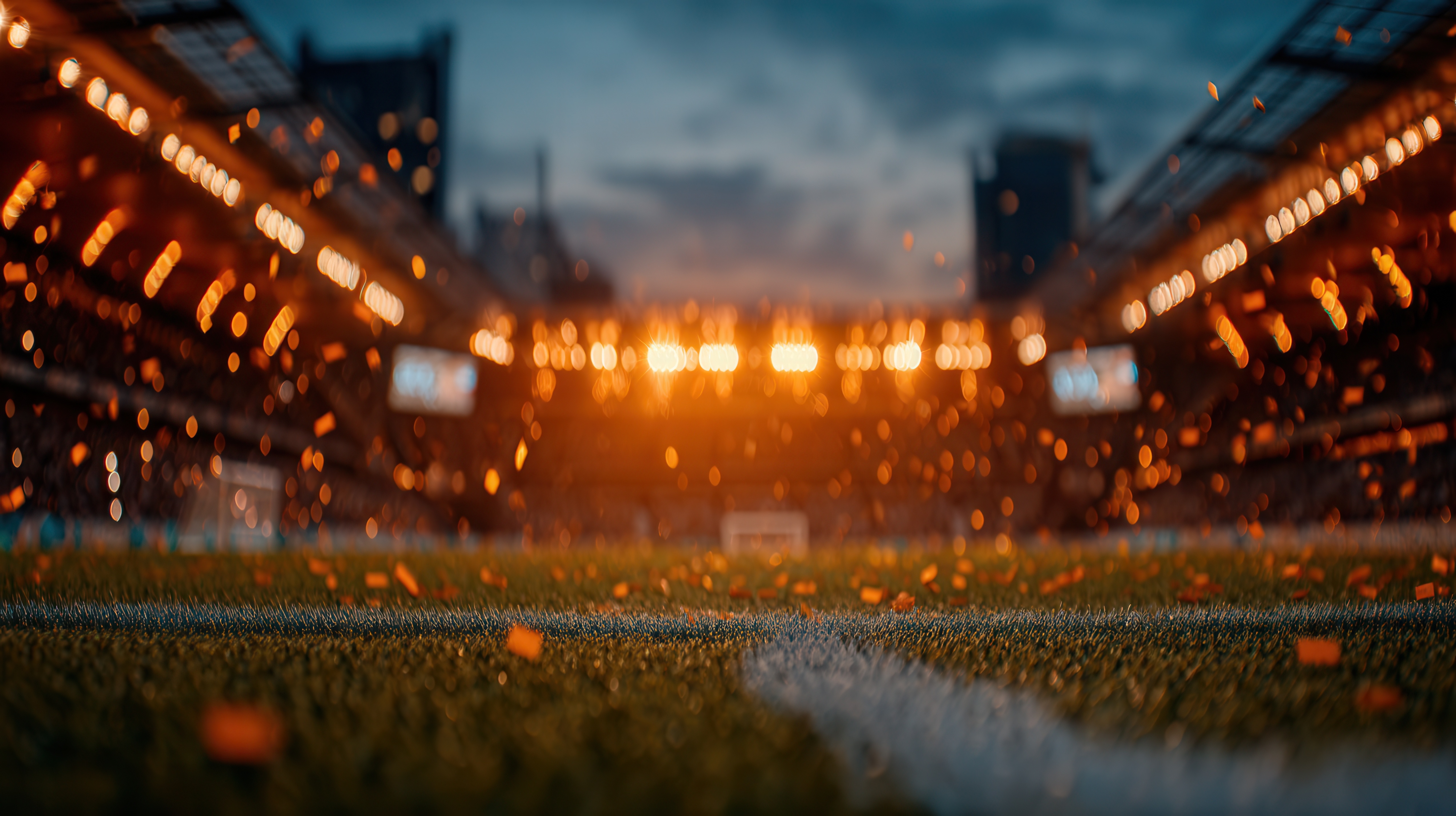 Experience the electrifying atmosphere of a stadium celebration with golden confetti raining down under vibrant stadium lights